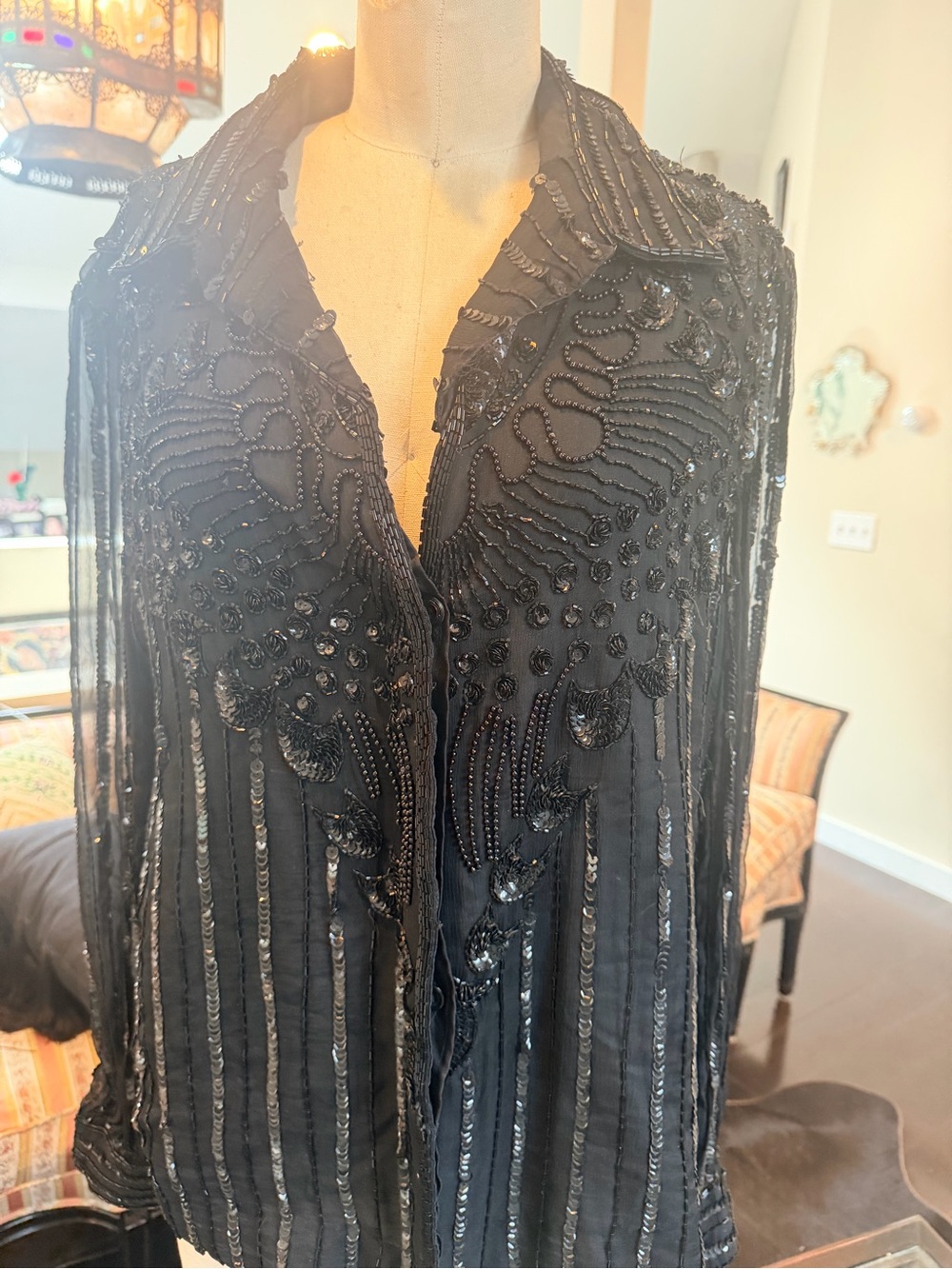 Stenay Black Beaded Sheer-sleeves , Panel Blouse